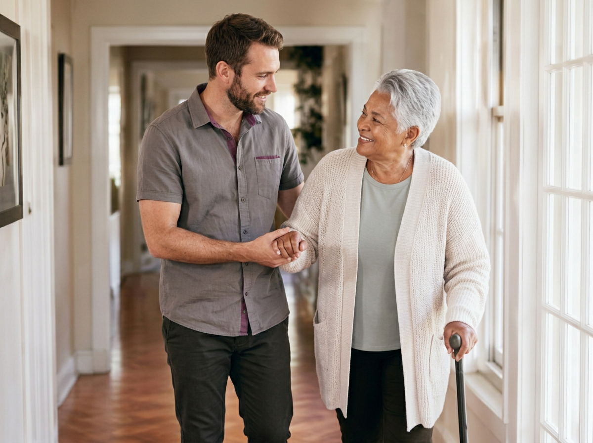A home caregiver walking alongside an older woman in a bright living room