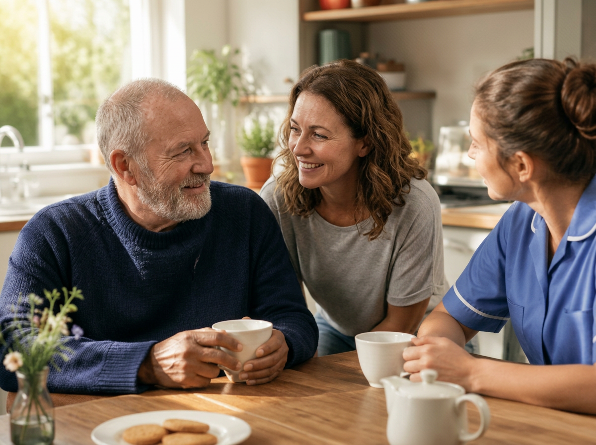 An older adult and family member enjoying a relaxed conversation at home