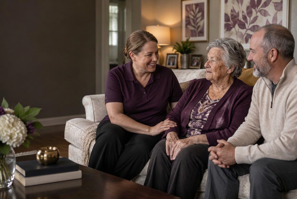 A home caregiver sharing a warm conversation with an older woman and her son