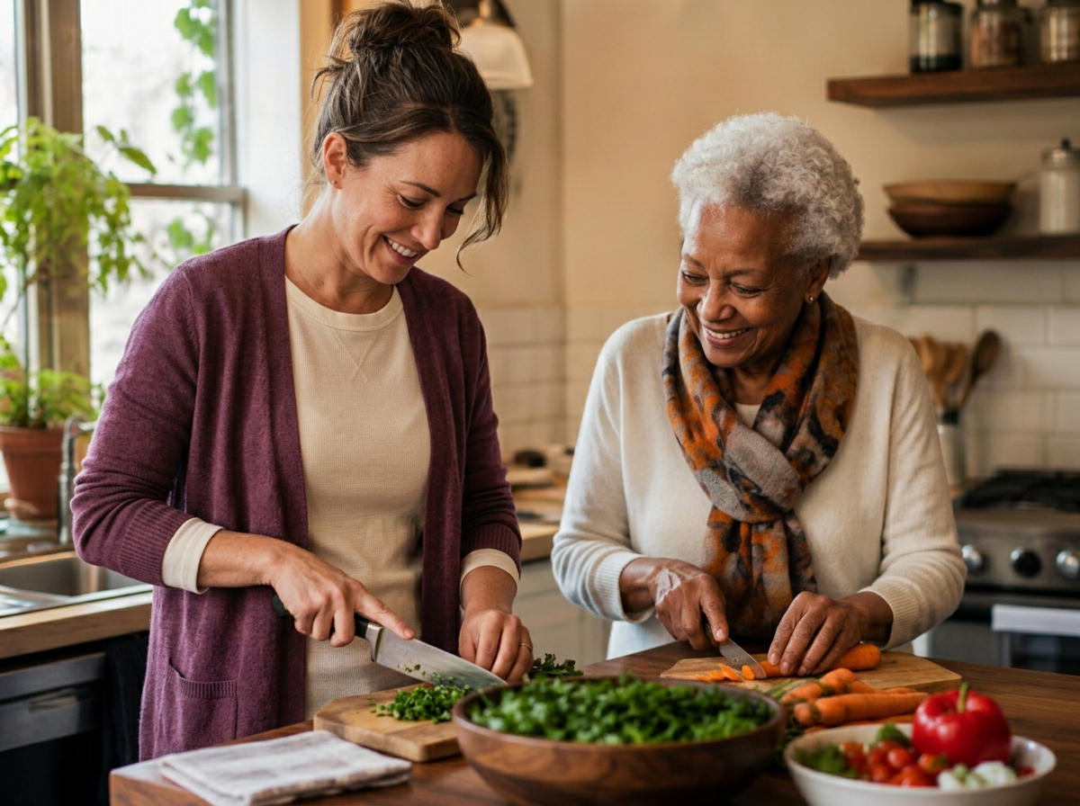 A caregiver and an older woman preparing a meal together in a warm home kitchen