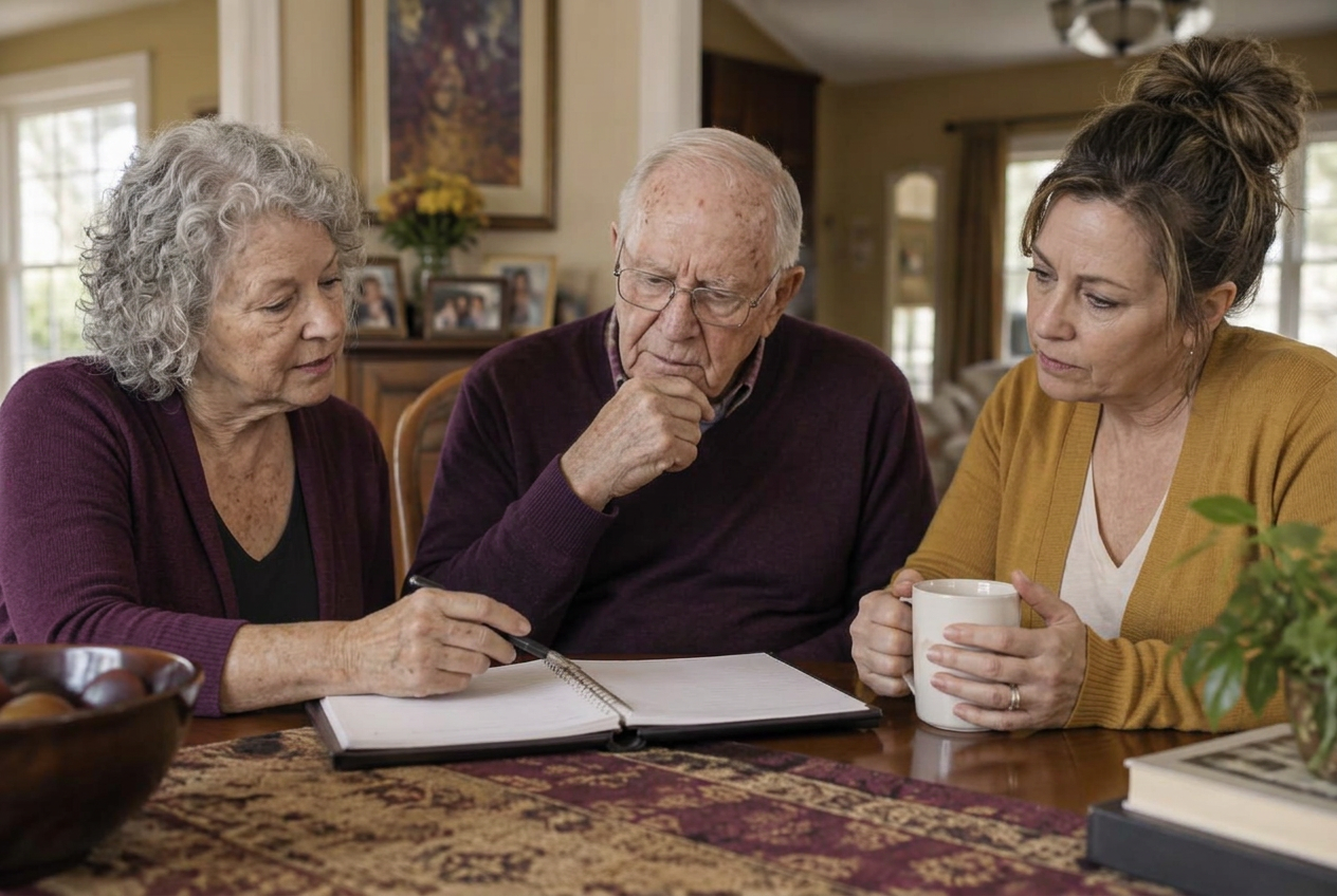 A family discussing care together at home